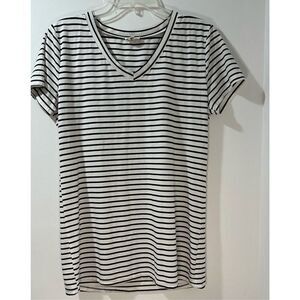 POL women’s black white stripe short sleeve v-neck tunic top size Large #35-0886